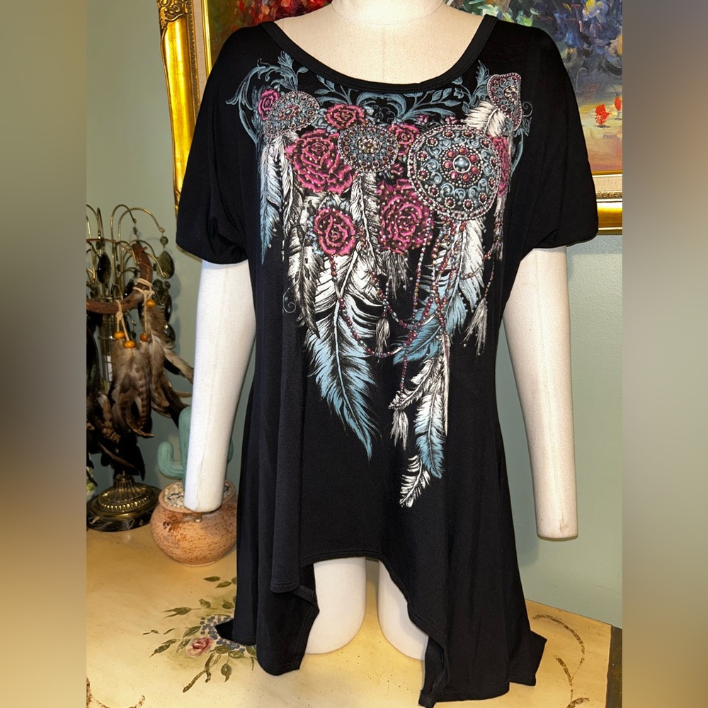 Tribal Feathers Roses & Rhinestones Dream Catcher Black Short Sleeve Boho Shirt